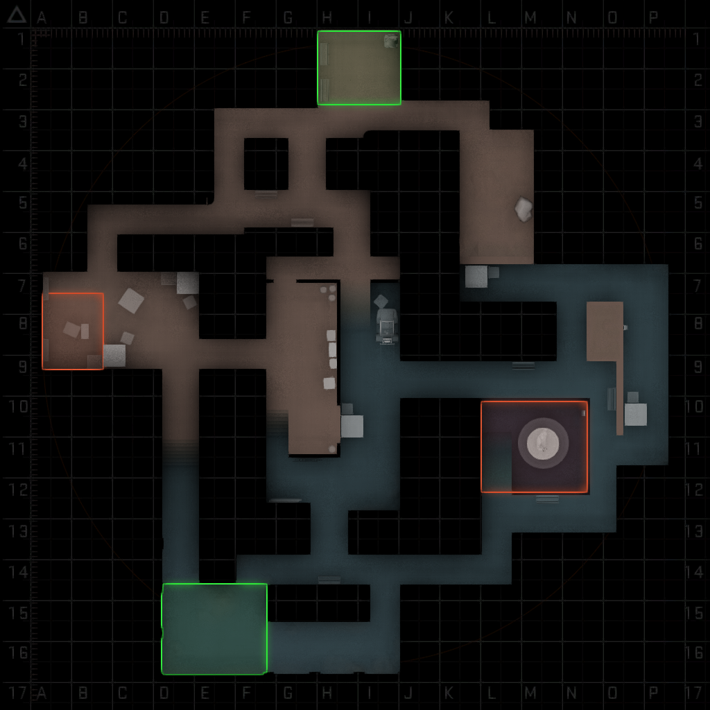 Grayscale image depicting the layout of a Counter-Strike map.