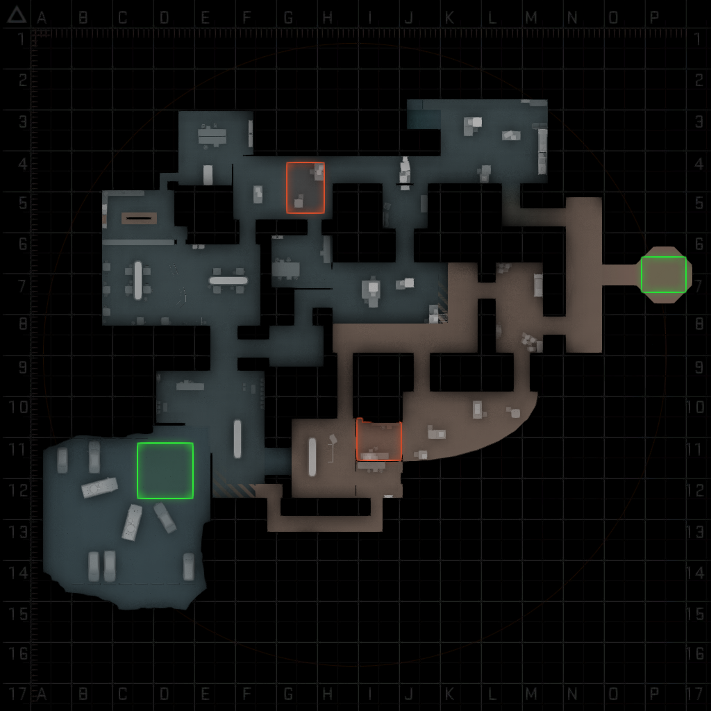 Grayscale image depicting the layout of a Counter-Strike map.