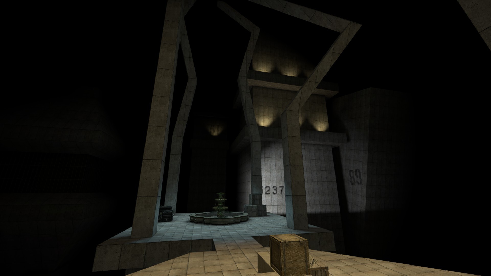 An ominous plaza with malformed pillars in front a large concrete building looming in the void.